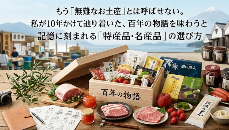 「記憶に刻まれる特産品・名産品の選び方」アイキャッチ画像。木箱から溢れる全国の豪華食品(和牛、海鮮、お菓子)と、背景の富士山。 「記憶に刻まれる特産品・名産品の選び方」アイキャッチ画像。木箱から溢れる全国の豪華食品(和牛、海鮮、お菓子)と、背景の富士山。