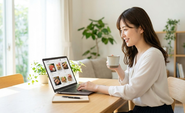パソコンを使って自宅で賢くお取り寄せグルメやお土産を選んでいる女性 パソコンを使って自宅で賢くお取り寄せグルメやお土産を選んでいる女性