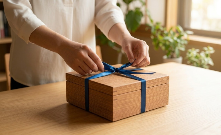 大切な人への贈り物として丁寧にリボンが結ばれる特産名産品のギフトボックス 大切な人への贈り物として丁寧にリボンが結ばれる特産名産品のギフトボックス