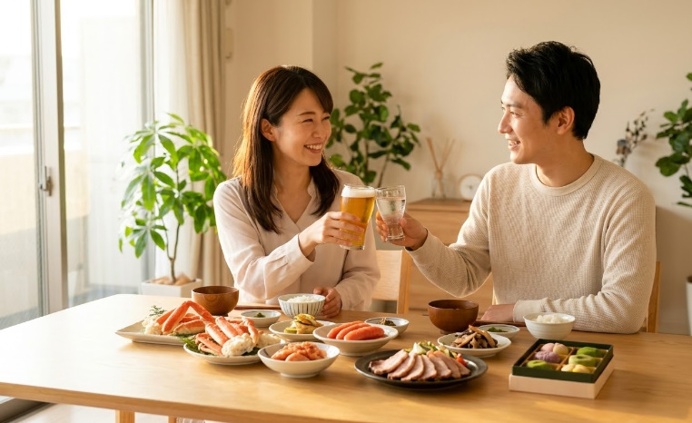 お取り寄せした特産名産品を食卓に並べて自宅で旅行気分を楽しむ様子 お取り寄せした特産名産品を食卓に並べて自宅で旅行気分を楽しむ様子
